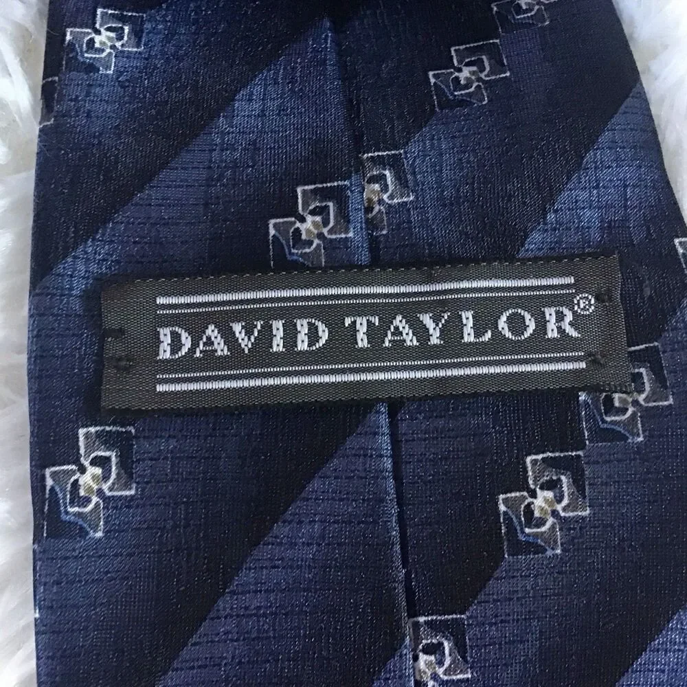 David Taylor Neck Tie Blue Geometric Stripe 3.5 Inches Wide